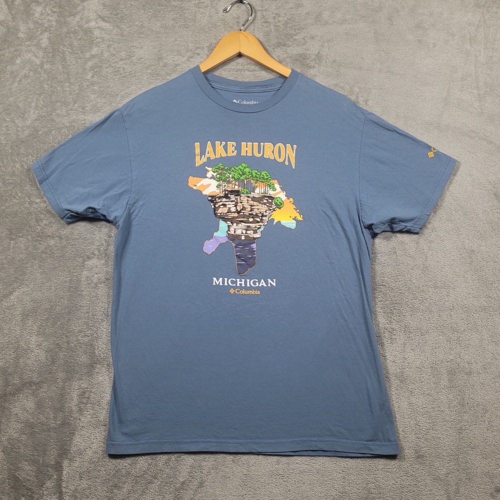 Columbia T-Shirt Mens L Blue Lake Huron Michigan Graphic Short Sleeve Cotton Tee